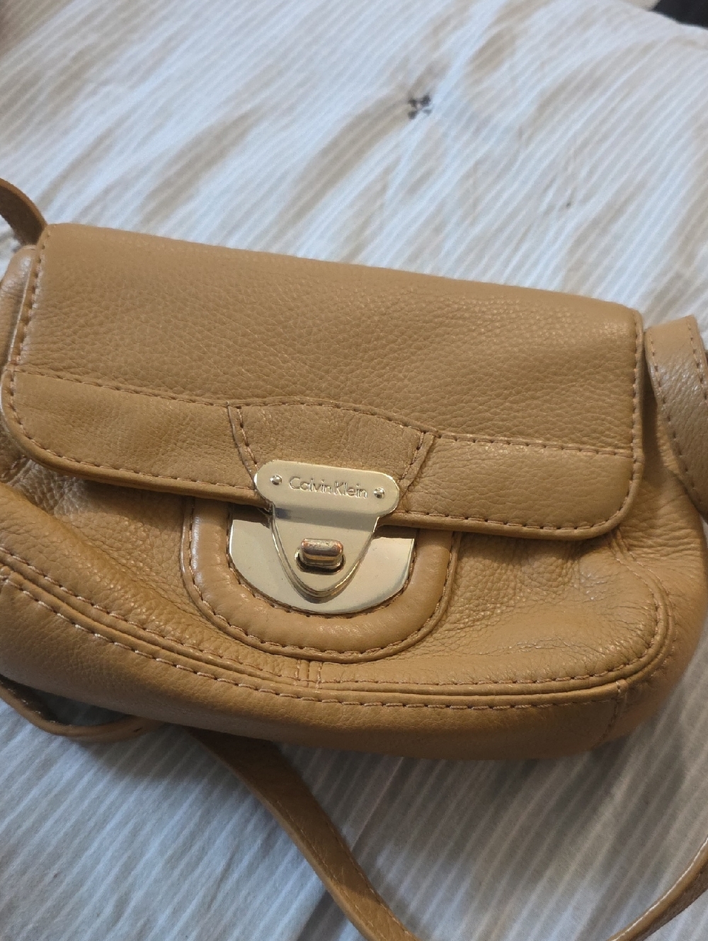 Calvin Klein Caramel Pebbled Leather Crossbody Bag